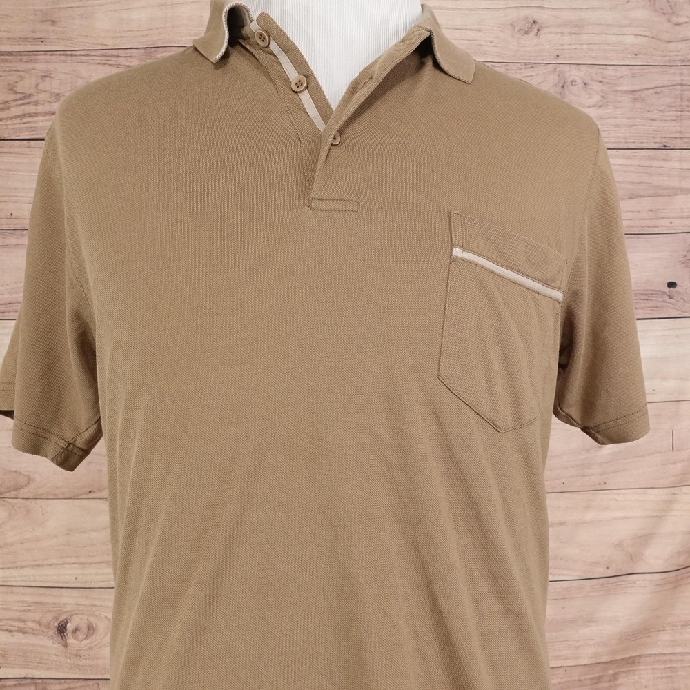 Murano Polo Shirt Mens L Brown Cotton Blend Knit Pocket Trim Casual Short Sleeve
